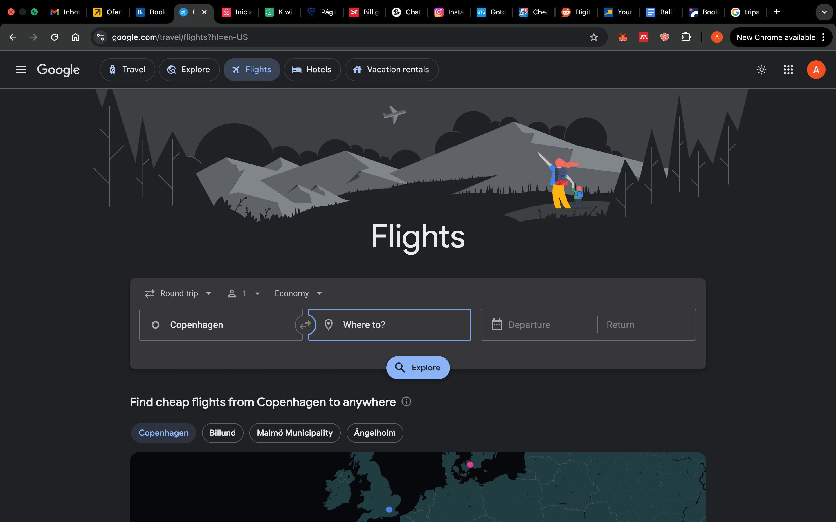 Multiple browser tabs open for travel planning